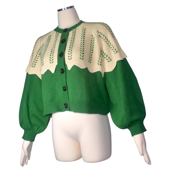 The GREAT. Scallop Sophomore Cardigan Sweater Green Cream Balloon Sleeves 2 M - Picture 10 of 10